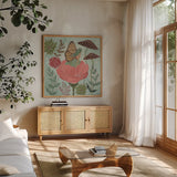 Floralscape Fairies II by Dina June. Shown in a natural wood frame in a cozy modern living room. Available as an archival giclee rolled canvas, fine art paper, or poster print. SKU 88920a.