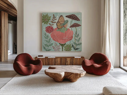 Floralscape Fairies II by Dina June. Shown as extra-large giant wall art in a modern living room. Available as an archival giclee rolled canvas, fine art paper, or poster print. SKU 88920a.