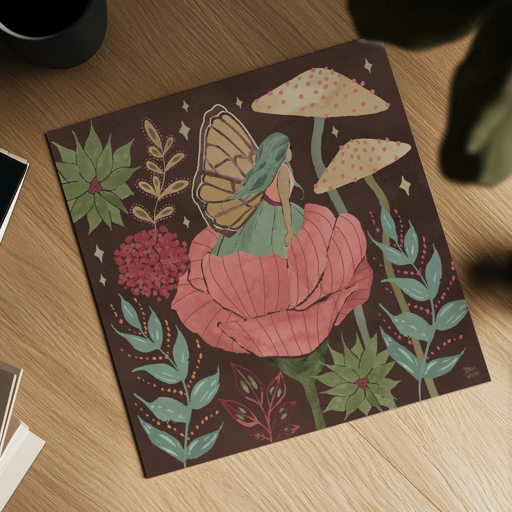 Floralscape Fairies II Dark by Dina June. Shown as a detailed flat fine art print, highlighting archival giclee quality. Available as an archival giclee rolled canvas, fine art paper, or poster print. SKU 88926a.