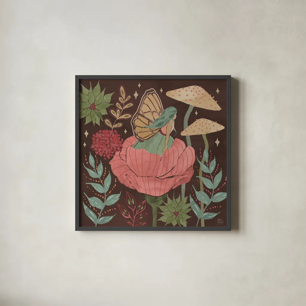 Floralscape Fairies II Dark by Dina June. Shown in a sleek black glass frame for a contemporary gallery look. Available as an archival giclee rolled canvas, fine art paper, or poster print. SKU 88926a.