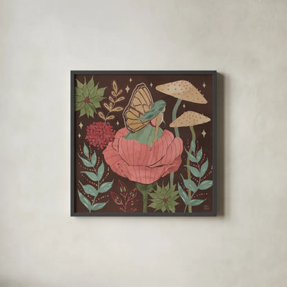 Floralscape Fairies II Dark by Dina June. Shown in a sleek black glass frame for a contemporary gallery look. Available as an archival giclee rolled canvas, fine art paper, or poster print. SKU 88926a.