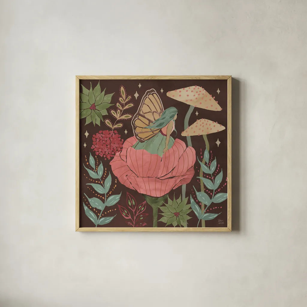 Floralscape Fairies II Dark by Dina June. Shown in a natural wood glass frame for a timeless modern aesthetic. Available as an archival giclee rolled canvas, fine art paper, or poster print. SKU 88926a.