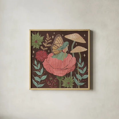 Floralscape Fairies II Dark by Dina June. Shown in a natural wood glass frame for a timeless modern aesthetic. Available as an archival giclee rolled canvas, fine art paper, or poster print. SKU 88926a.