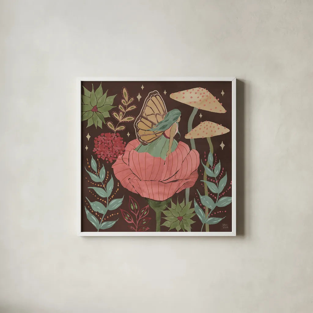Floralscape Fairies II Dark by Dina June. Shown in a crisp white glass frame for a clean and minimalist style. Available as an archival giclee rolled canvas, fine art paper, or poster print. SKU 88926a.