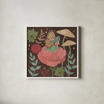 Floralscape Fairies II Dark by Dina June. Shown in a crisp white glass frame for a clean and minimalist style. Available as an archival giclee rolled canvas, fine art paper, or poster print. SKU 88926a.