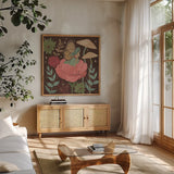 Floralscape Fairies II Dark by Dina June. Shown in a natural wood frame in a cozy modern living room. Available as an archival giclee rolled canvas, fine art paper, or poster print. SKU 88926a.