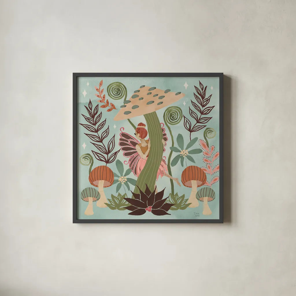 Floralscape Fairies III by Dina June. Shown in a sleek black glass frame for a contemporary gallery look. Available as an archival giclee rolled canvas, fine art paper, or poster print. SKU 88921a.