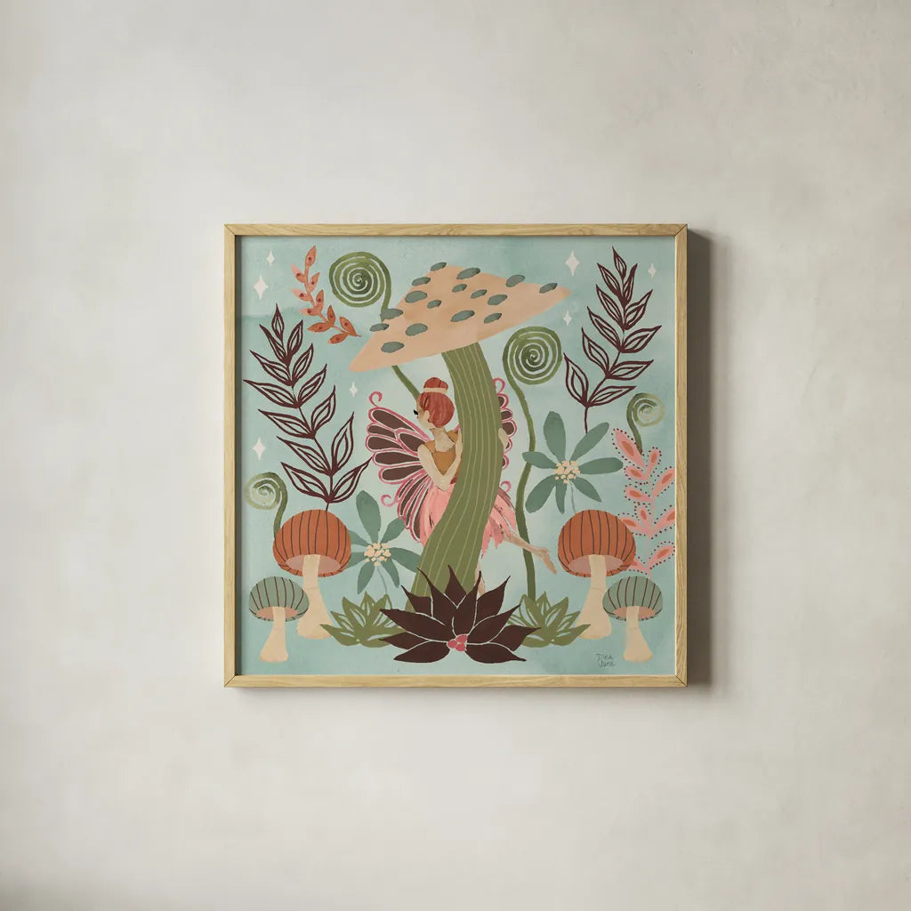 Floralscape Fairies III by Dina June. Shown in a natural wood glass frame for a timeless modern aesthetic. Available as an archival giclee rolled canvas, fine art paper, or poster print. SKU 88921a.