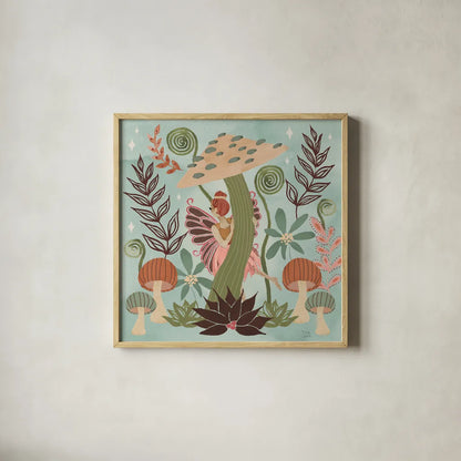 Floralscape Fairies III by Dina June. Shown in a natural wood glass frame for a timeless modern aesthetic. Available as an archival giclee rolled canvas, fine art paper, or poster print. SKU 88921a.