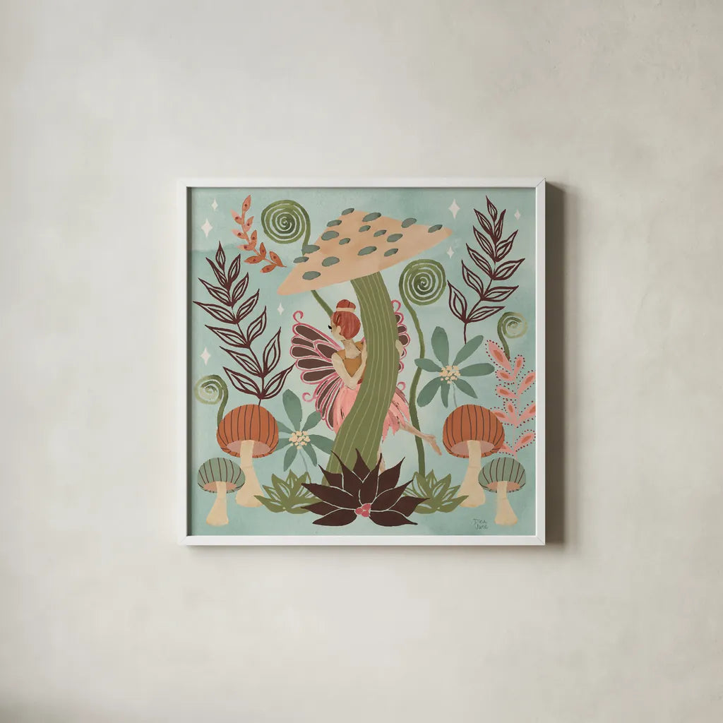 Floralscape Fairies III by Dina June. Shown in a crisp white glass frame for a clean and minimalist style. Available as an archival giclee rolled canvas, fine art paper, or poster print. SKU 88921a.