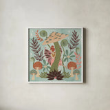 Floralscape Fairies III by Dina June. Shown in a crisp white glass frame for a clean and minimalist style. Available as an archival giclee rolled canvas, fine art paper, or poster print. SKU 88921a.