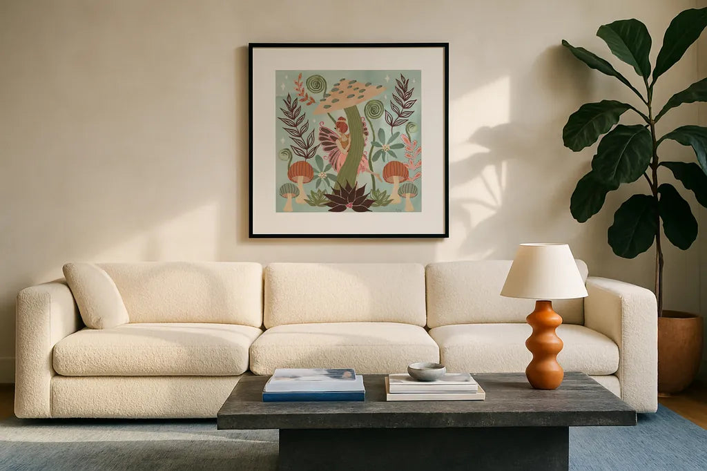 Floralscape Fairies III by Dina June. Displayed in a glass frame with matte in a clean modern living room. Available as an archival giclee rolled canvas, fine art paper, or poster print. SKU 88921a.