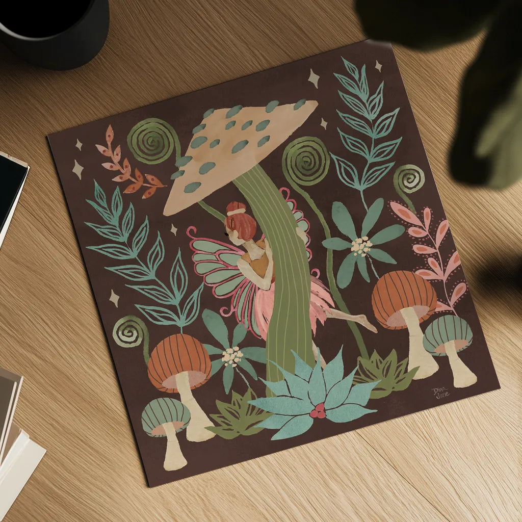 Floralscape Fairies III Dark by Dina June. Shown as a detailed flat fine art print, highlighting archival giclee quality. Available as an archival giclee rolled canvas, fine art paper, or poster print. SKU 88927a.