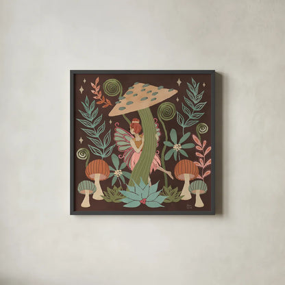 Floralscape Fairies III Dark by Dina June. Shown in a sleek black glass frame for a contemporary gallery look. Available as an archival giclee rolled canvas, fine art paper, or poster print. SKU 88927a.