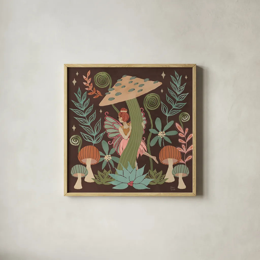 Floralscape Fairies III Dark by Dina June. Shown in a natural wood glass frame for a timeless modern aesthetic. Available as an archival giclee rolled canvas, fine art paper, or poster print. SKU 88927a.