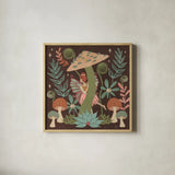Floralscape Fairies III Dark by Dina June. Shown in a natural wood glass frame for a timeless modern aesthetic. Available as an archival giclee rolled canvas, fine art paper, or poster print. SKU 88927a.