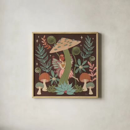 Floralscape Fairies III Dark by Dina June. Shown in a natural wood glass frame for a timeless modern aesthetic. Available as an archival giclee rolled canvas, fine art paper, or poster print. SKU 88927a.