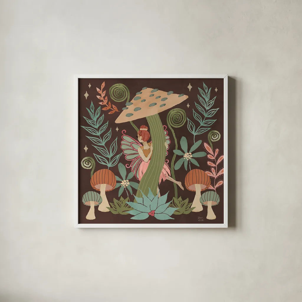 Floralscape Fairies III Dark by Dina June. Shown in a crisp white glass frame for a clean and minimalist style. Available as an archival giclee rolled canvas, fine art paper, or poster print. SKU 88927a.