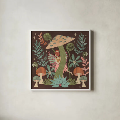 Floralscape Fairies III Dark by Dina June. Shown in a crisp white glass frame for a clean and minimalist style. Available as an archival giclee rolled canvas, fine art paper, or poster print. SKU 88927a.