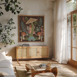 Floralscape Fairies III Dark by Dina June. Shown in a natural wood frame in a cozy modern living room. Available as an archival giclee rolled canvas, fine art paper, or poster print. SKU 88927a.