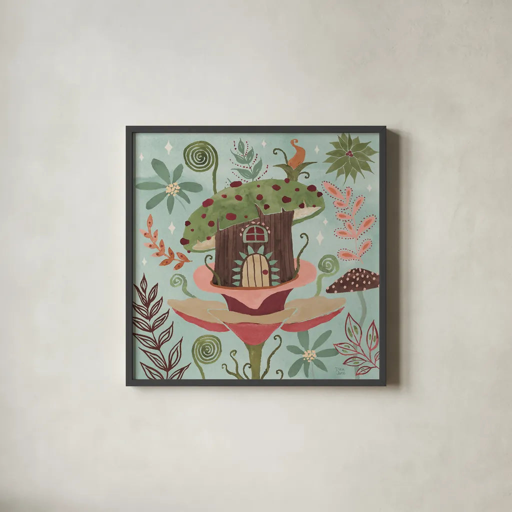 Floralscape Fairies IV by Dina June. Shown in a sleek black glass frame for a contemporary gallery look. Available as an archival giclee rolled canvas, fine art paper, or poster print. SKU 88922a.