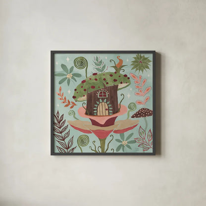 Floralscape Fairies IV by Dina June. Shown in a sleek black glass frame for a contemporary gallery look. Available as an archival giclee rolled canvas, fine art paper, or poster print. SKU 88922a.