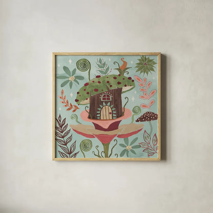 Floralscape Fairies IV by Dina June. Shown in a natural wood glass frame for a timeless modern aesthetic. Available as an archival giclee rolled canvas, fine art paper, or poster print. SKU 88922a.