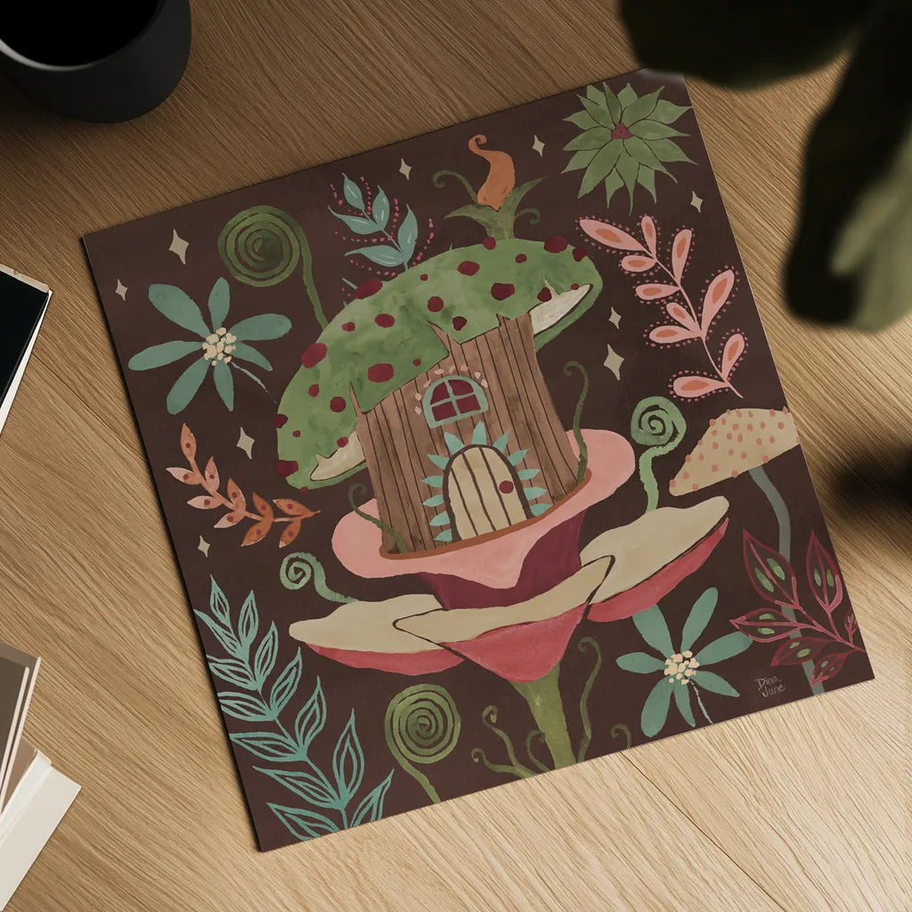 Floralscape Fairies IV Dark by Dina June. Shown as a detailed flat fine art print, highlighting archival giclee quality. Available as an archival giclee rolled canvas, fine art paper, or poster print. SKU 88928a.