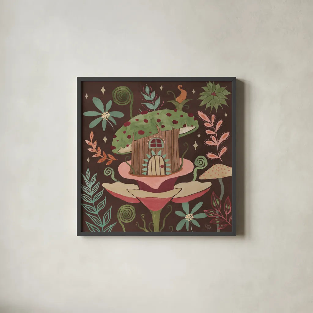 Floralscape Fairies IV Dark by Dina June. Shown in a sleek black glass frame for a contemporary gallery look. Available as an archival giclee rolled canvas, fine art paper, or poster print. SKU 88928a.