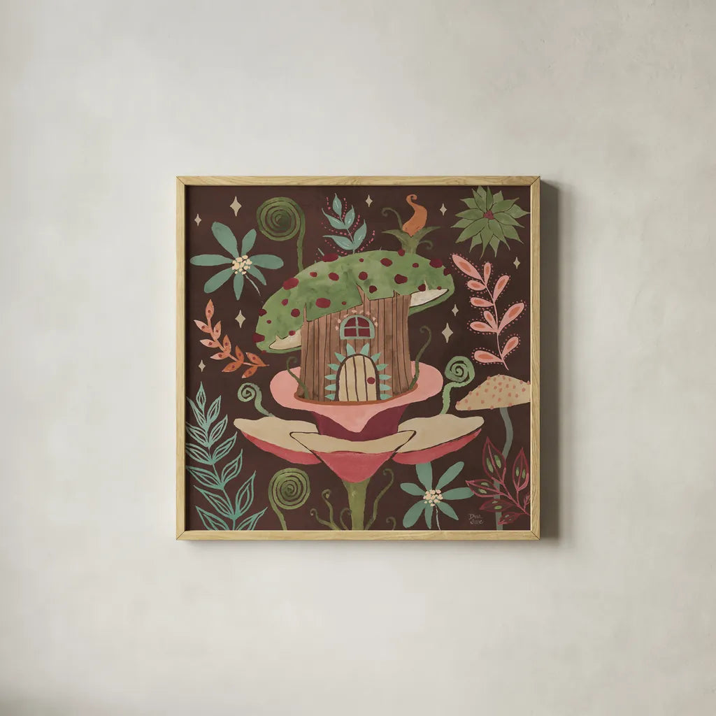 Floralscape Fairies IV Dark by Dina June. Shown in a natural wood glass frame for a timeless modern aesthetic. Available as an archival giclee rolled canvas, fine art paper, or poster print. SKU 88928a.