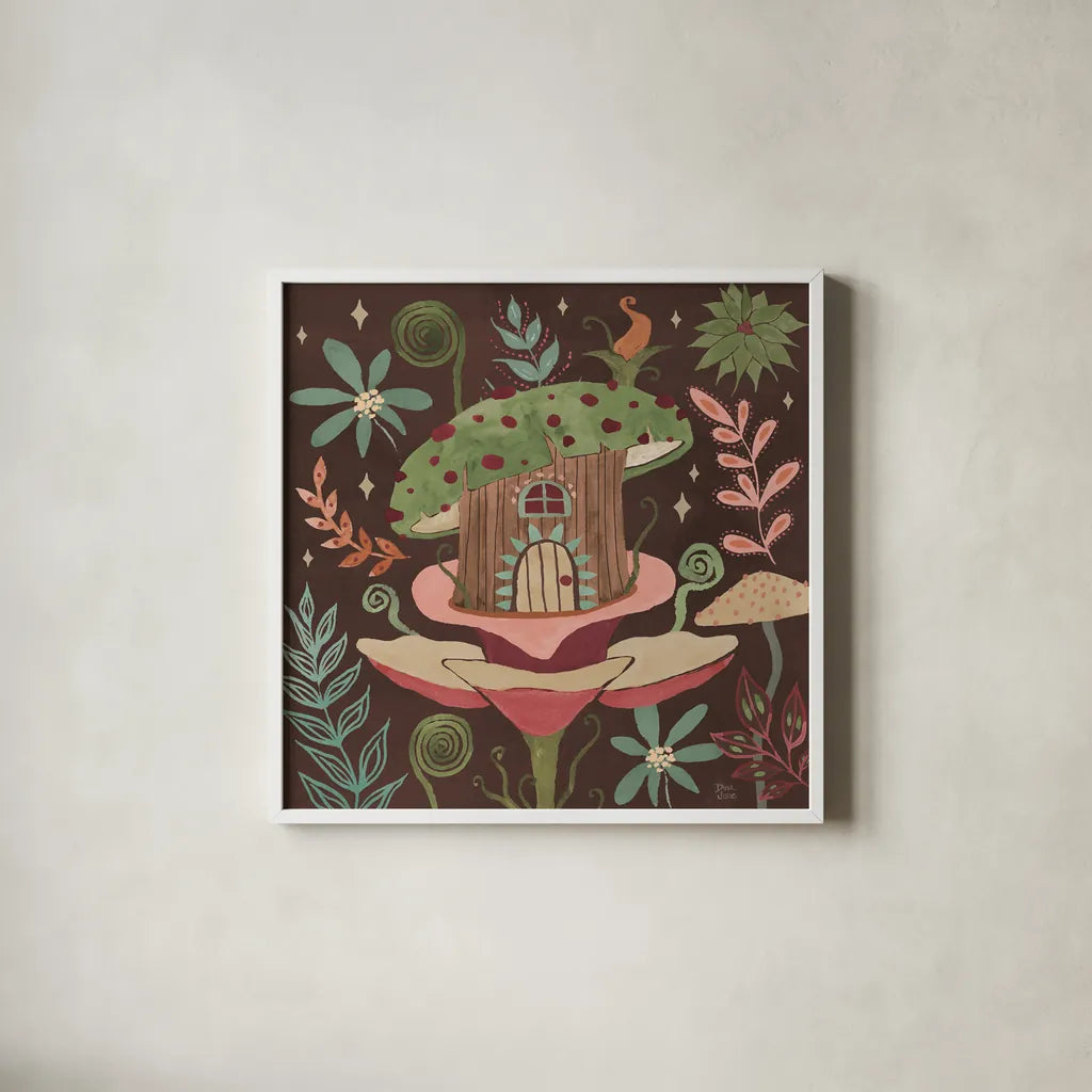 Floralscape Fairies IV Dark by Dina June. Shown in a crisp white glass frame for a clean and minimalist style. Available as an archival giclee rolled canvas, fine art paper, or poster print. SKU 88928a.