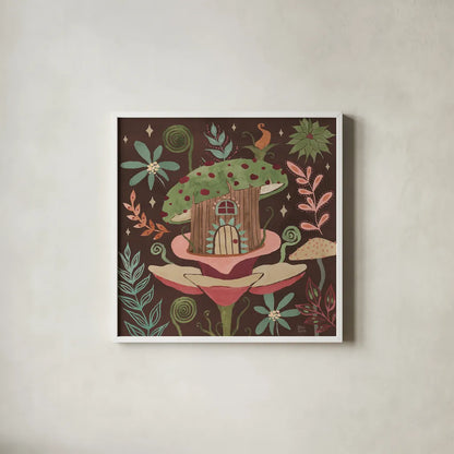 Floralscape Fairies IV Dark by Dina June. Shown in a crisp white glass frame for a clean and minimalist style. Available as an archival giclee rolled canvas, fine art paper, or poster print. SKU 88928a.