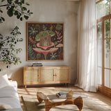 Floralscape Fairies IV Dark by Dina June. Shown in a natural wood frame in a cozy modern living room. Available as an archival giclee rolled canvas, fine art paper, or poster print. SKU 88928a.