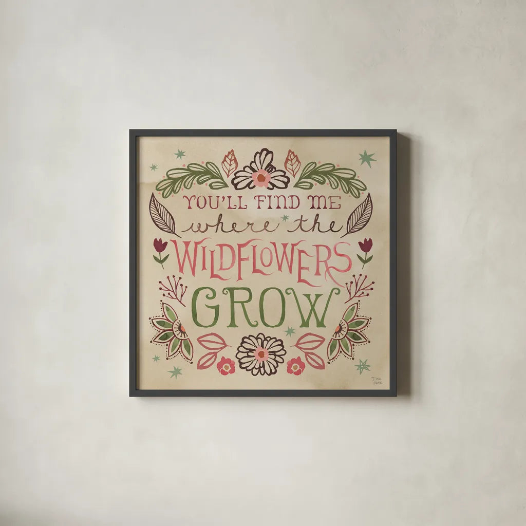 Floralscape Fairies V by Dina June. Shown in a sleek black glass frame for a contemporary gallery look. Available as an archival giclee rolled canvas, fine art paper, or poster print. SKU 88923a.