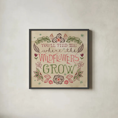 Floralscape Fairies V by Dina June. Shown in a sleek black glass frame for a contemporary gallery look. Available as an archival giclee rolled canvas, fine art paper, or poster print. SKU 88923a.