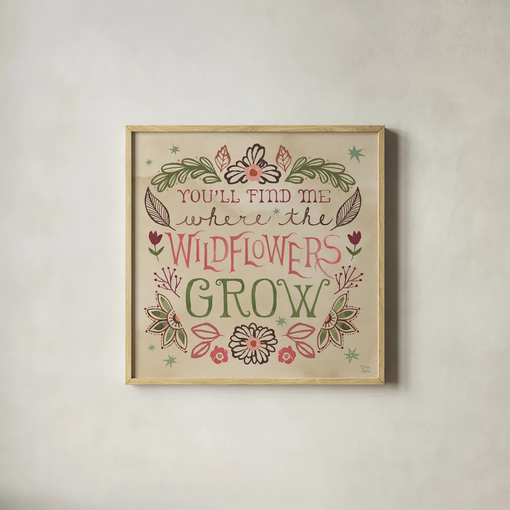 Floralscape Fairies V by Dina June. Shown in a natural wood glass frame for a timeless modern aesthetic. Available as an archival giclee rolled canvas, fine art paper, or poster print. SKU 88923a.