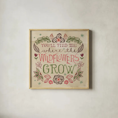 Floralscape Fairies V by Dina June. Shown in a natural wood glass frame for a timeless modern aesthetic. Available as an archival giclee rolled canvas, fine art paper, or poster print. SKU 88923a.