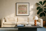 Floralscape Fairies V by Dina June. Displayed in a glass frame with matte in a clean modern living room. Available as an archival giclee rolled canvas, fine art paper, or poster print. SKU 88923a.