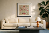 Floralscape Fairies VI by Dina June. Displayed in a glass frame with matte in a clean modern living room. Available as an archival giclee rolled canvas, fine art paper, or poster print. SKU 88924a.