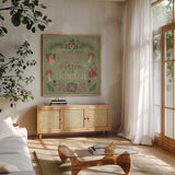 Floralscape Fairies VII by Dina June. Shown in a natural wood frame in a cozy modern living room. Available as an archival giclee rolled canvas, fine art paper, or poster print. SKU 90928a.