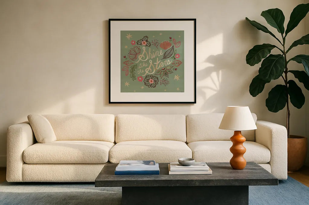 Floralscape VI by Dina June. Displayed in a glass frame with matte in a clean modern living room. Available as an archival giclee rolled canvas, fine art paper, or poster print. SKU 85971a.