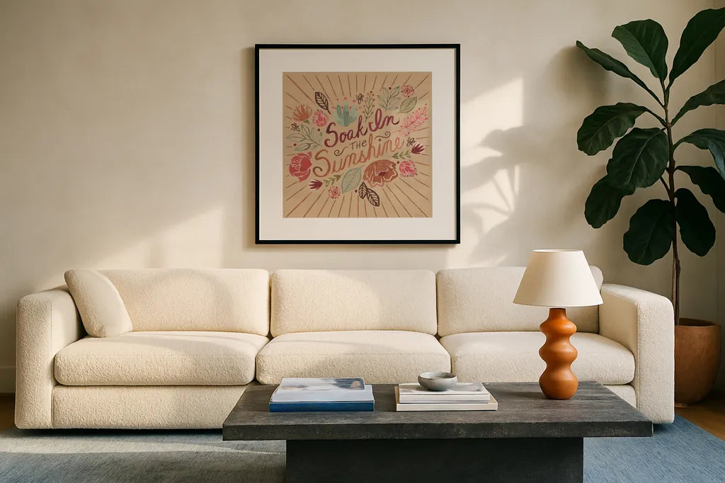 Floralscape VII by Dina June. Displayed in a glass frame with matte in a clean modern living room. Available as an archival giclee rolled canvas, fine art paper, or poster print. SKU 85972a.