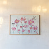 Flowers and Feathers I by Dina June. shown as a paper print in a natural frame. Available as a archival giclee rolled canvas, fine art paper, or poster print. SKU 62261i.