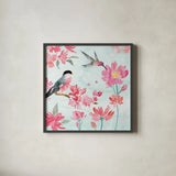 Flowers and Feathers III by Dina June. Shown in a sleek black glass frame for a contemporary gallery look. Available as an archival giclee rolled canvas, fine art paper, or poster print. SKU 62263a.