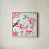 Flowers and Feathers III by Dina June. Shown in a natural wood glass frame for a timeless modern aesthetic. Available as an archival giclee rolled canvas, fine art paper, or poster print. SKU 62263a.