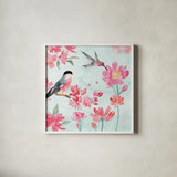 Flowers and Feathers III by Dina June. Shown in a crisp white glass frame for a clean and minimalist style. Available as an archival giclee rolled canvas, fine art paper, or poster print. SKU 62263a.