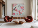 Flowers and Feathers III by Dina June. Shown as extra-large giant wall art in a modern living room. Available as an archival giclee rolled canvas, fine art paper, or poster print. SKU 62263a.