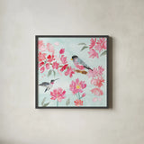 Flowers and Feathers IV by Dina June. Shown in a sleek black glass frame for a contemporary gallery look. Available as an archival giclee rolled canvas, fine art paper, or poster print. SKU 62264a.