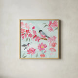 Flowers and Feathers IV by Dina June. Shown in a natural wood glass frame for a timeless modern aesthetic. Available as an archival giclee rolled canvas, fine art paper, or poster print. SKU 62264a.