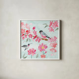 Flowers and Feathers IV by Dina June. Shown in a crisp white glass frame for a clean and minimalist style. Available as an archival giclee rolled canvas, fine art paper, or poster print. SKU 62264a.